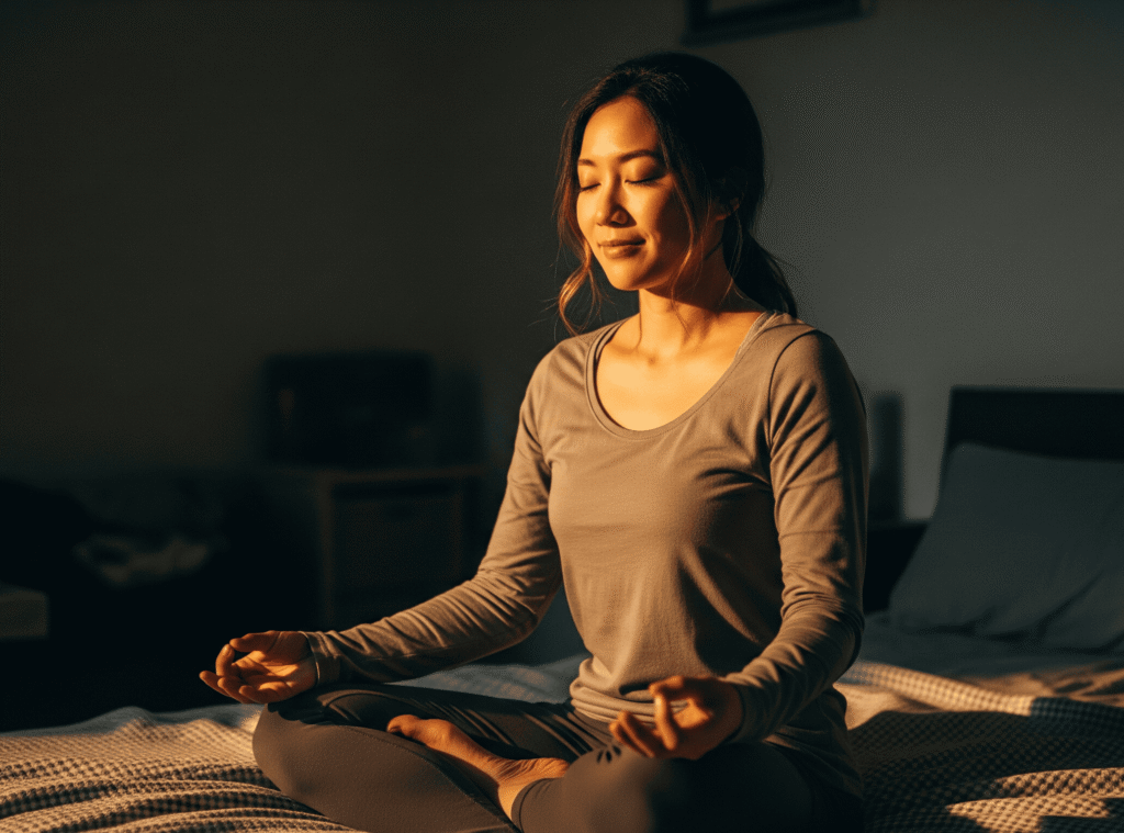 femme asiatique de 30 ans méditant en tailleur(1)