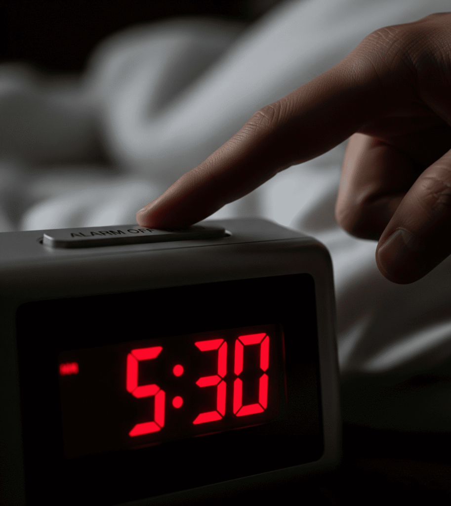 réveil digital affichant 5h30 avec main éteignant l